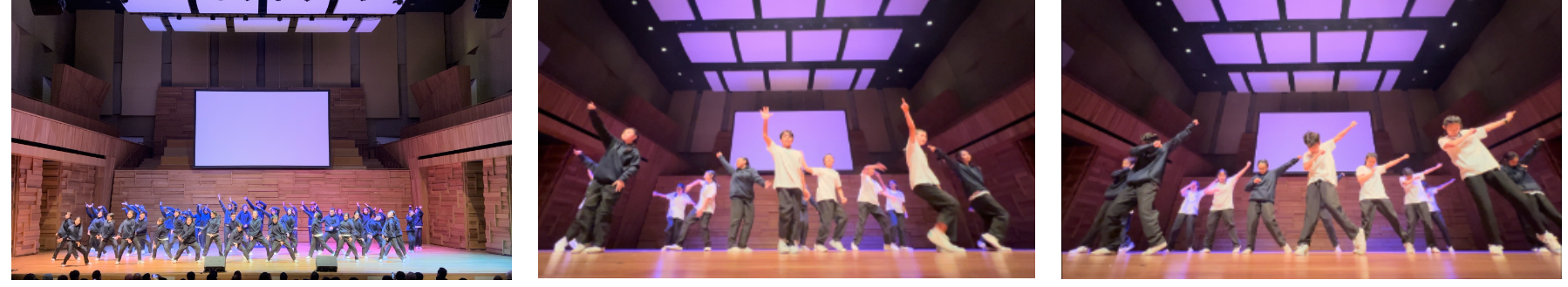 Three photos of dancers performing on a wooden stage with purple ceiling lights and a large screen backdrop.